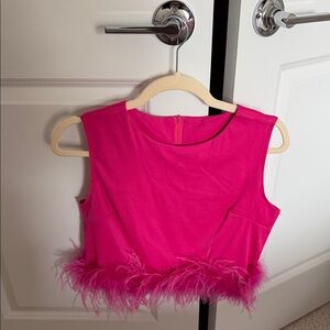 Vibrant Pink Feather Trim Crop Top